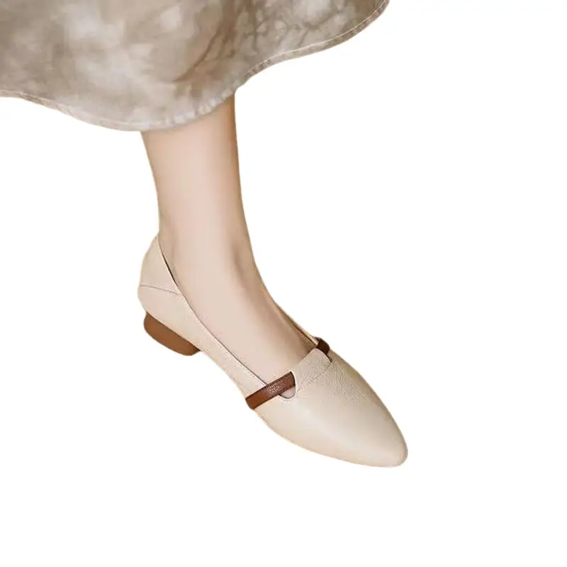 French Style Soft Leather Single-layer Shoes Women's 2024 Autumn New Vintage Pointed Shallow Coarse Heel Leather Shoes Soft Sole Comfortable Milk Shoes