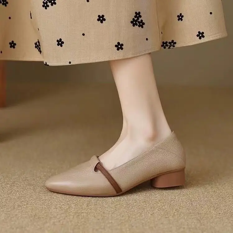 French Style Soft Leather Single-layer Shoes Women's 2024 Autumn New Vintage Pointed Shallow Coarse Heel Leather Shoes Soft Sole Comfortable Milk Shoes — feature 4