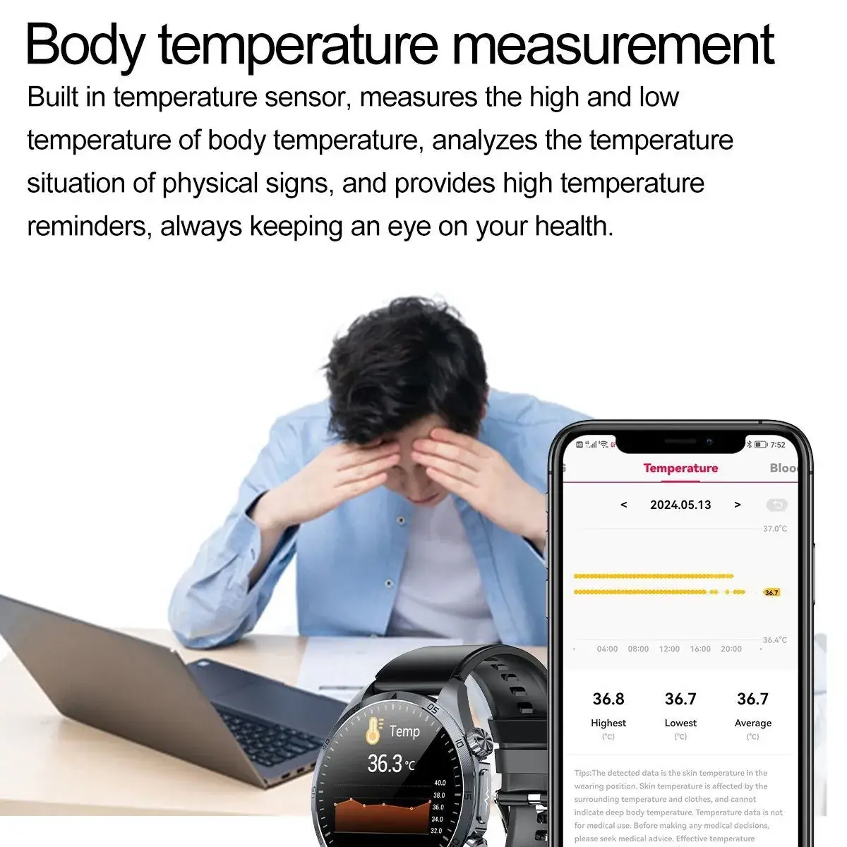 Smart Watch with Heart Rate & Body Temp Tracker