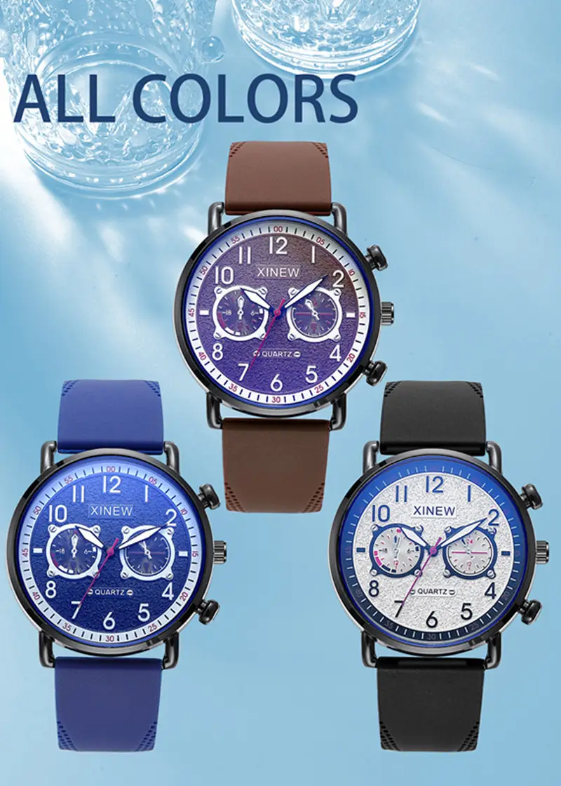 Men Xinew Blue Dial Quartz Chronograph Watch Brown Strap — feature 19