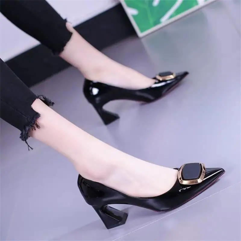 Women Patent Leather Pointed Heel Shoes Black 2024 - Image 5