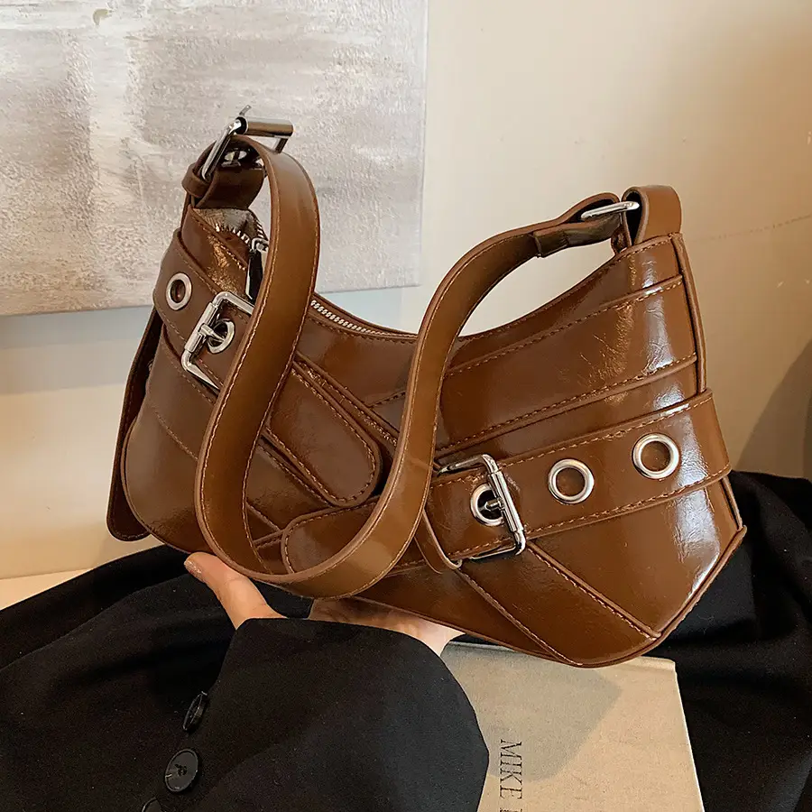 Brown Quilted Shoulder Bag with Buckle & Ring Detail - Image 6