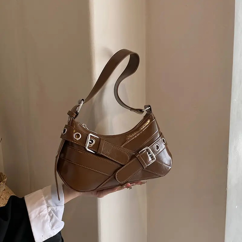 Brown Quilted Shoulder Bag with Buckle & Ring Detail - Image 7