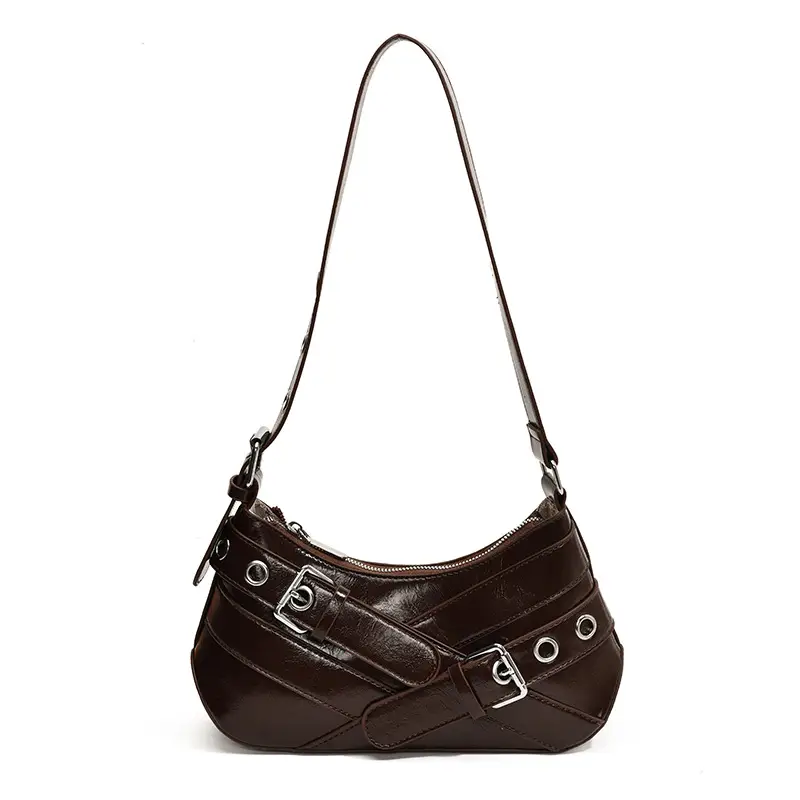 Brown Quilted Shoulder Bag with Buckle & Ring Detail - Image 10