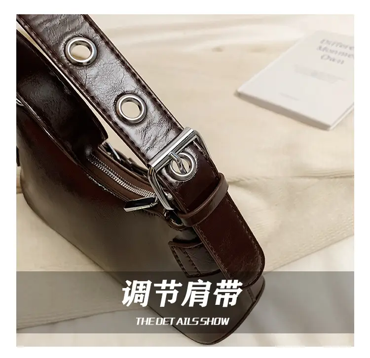 Brown Quilted Shoulder Bag with Buckle & Ring Detail — feature 12