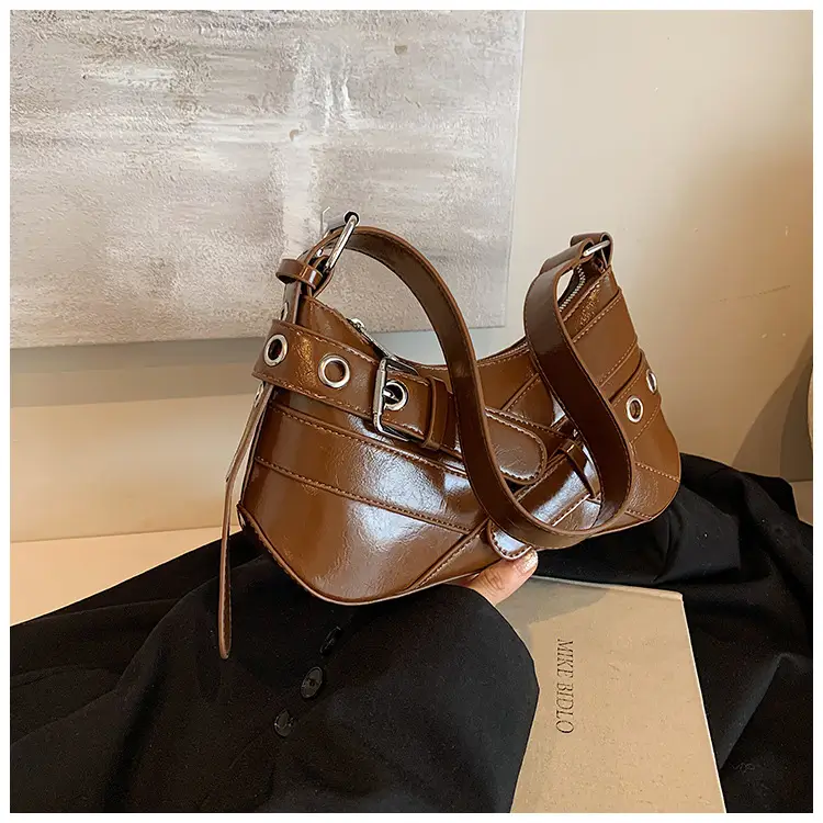 Brown Quilted Shoulder Bag with Buckle & Ring Detail — feature 15