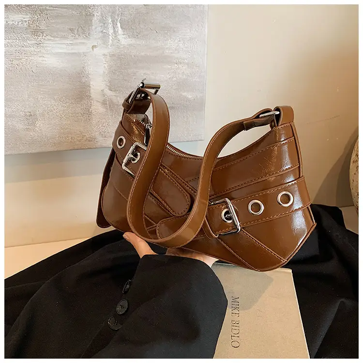 Brown Quilted Shoulder Bag with Buckle & Ring Detail — feature 16