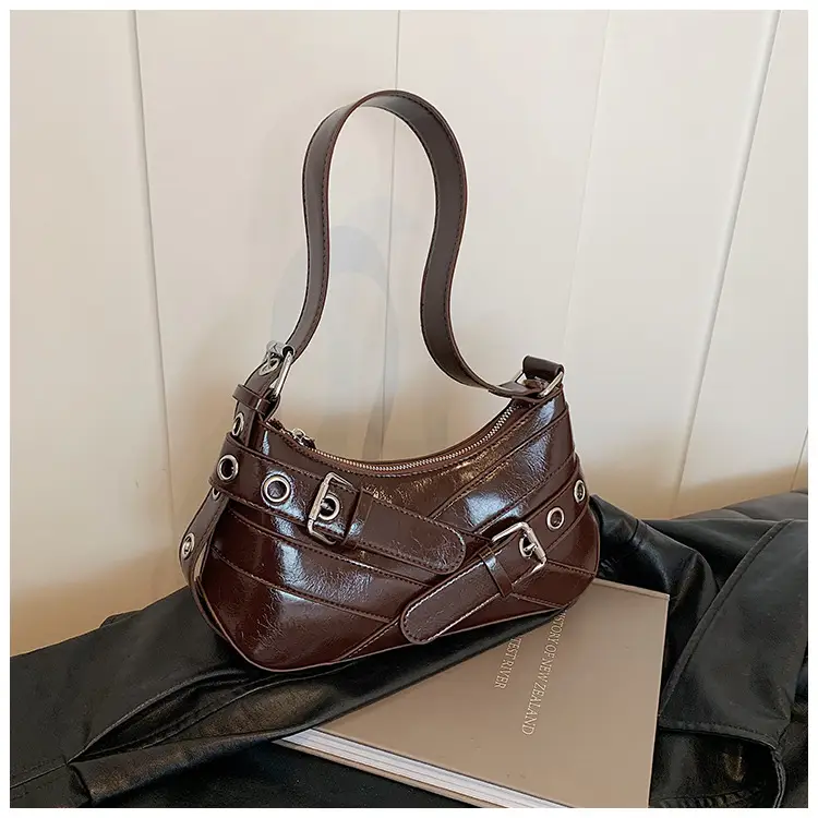 Brown Quilted Shoulder Bag with Buckle & Ring Detail — feature 17