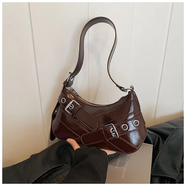 Brown Quilted Shoulder Bag with Buckle & Ring Detail — feature 18