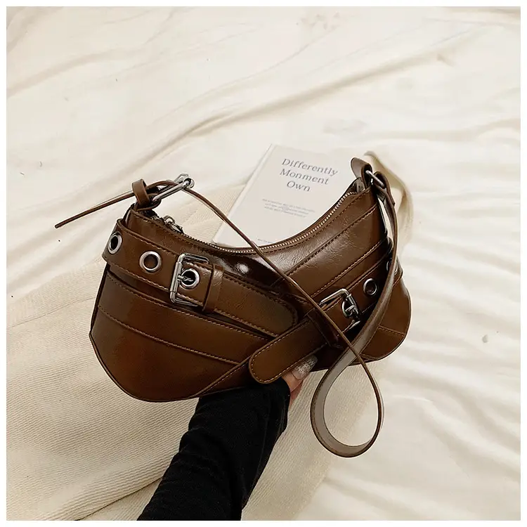 Brown Quilted Shoulder Bag with Buckle & Ring Detail — feature 19