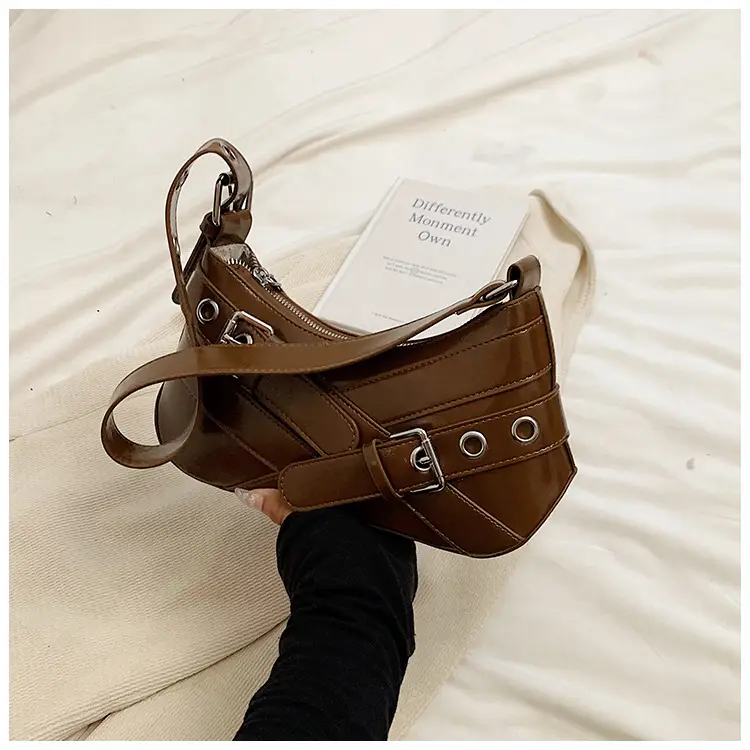 Brown Quilted Shoulder Bag with Buckle & Ring Detail — feature 20