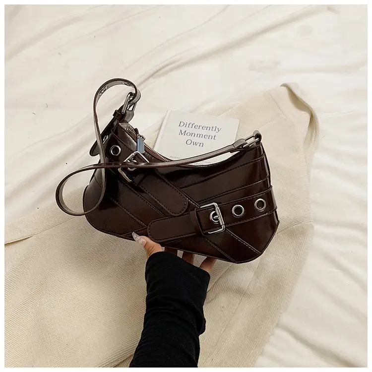 Brown Quilted Shoulder Bag with Buckle & Ring Detail — feature 27