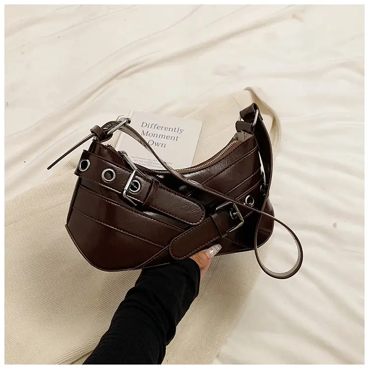 Brown Quilted Shoulder Bag with Buckle & Ring Detail — feature 28
