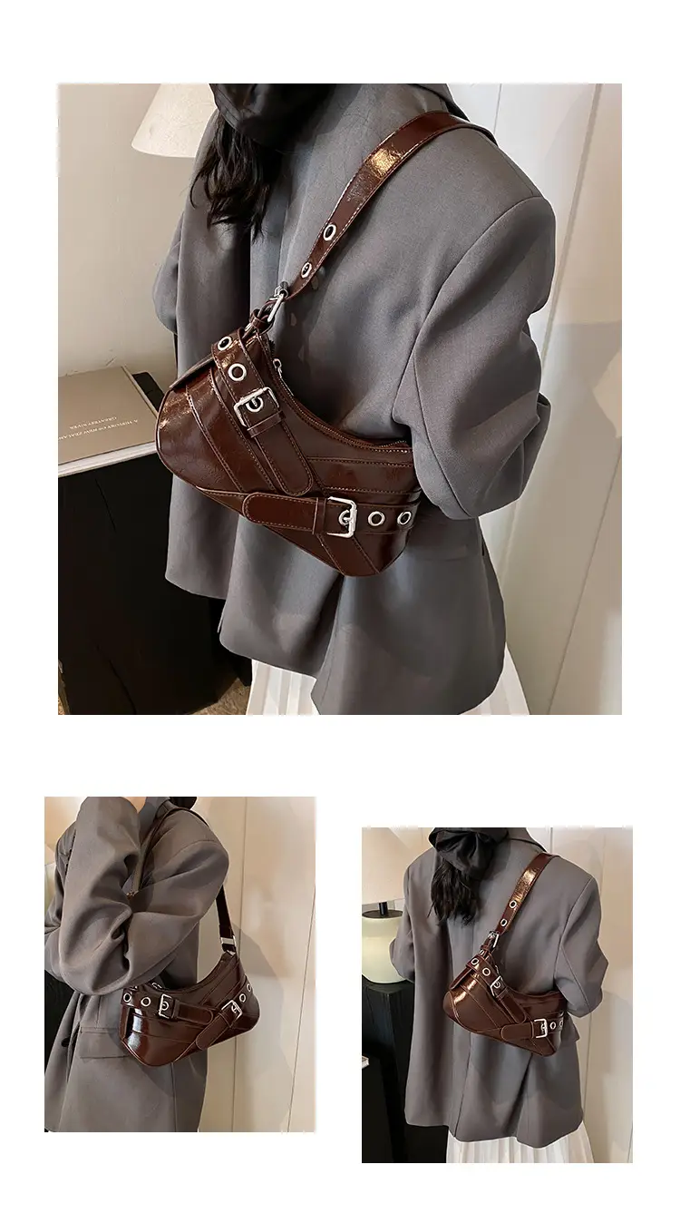 Brown Quilted Shoulder Bag with Buckle & Ring Detail — feature 4