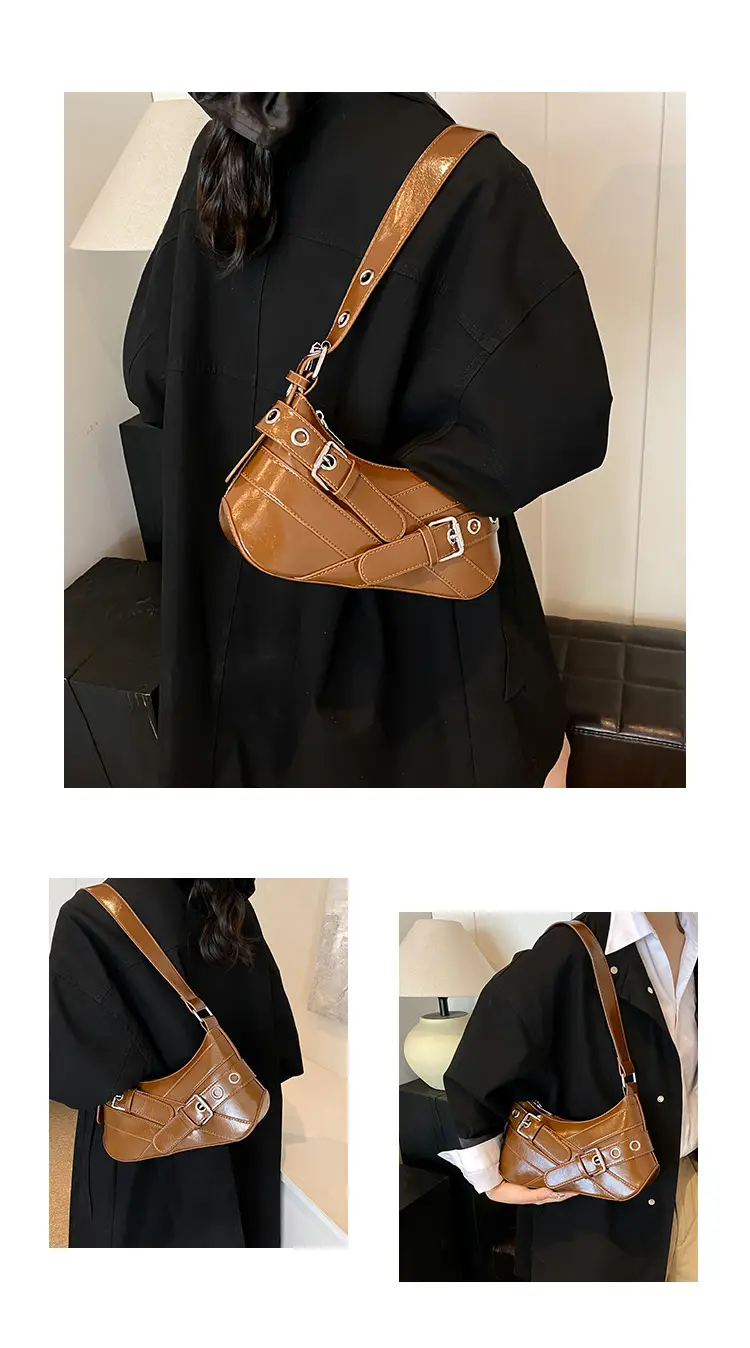 Brown Quilted Shoulder Bag with Buckle & Ring Detail — feature 8