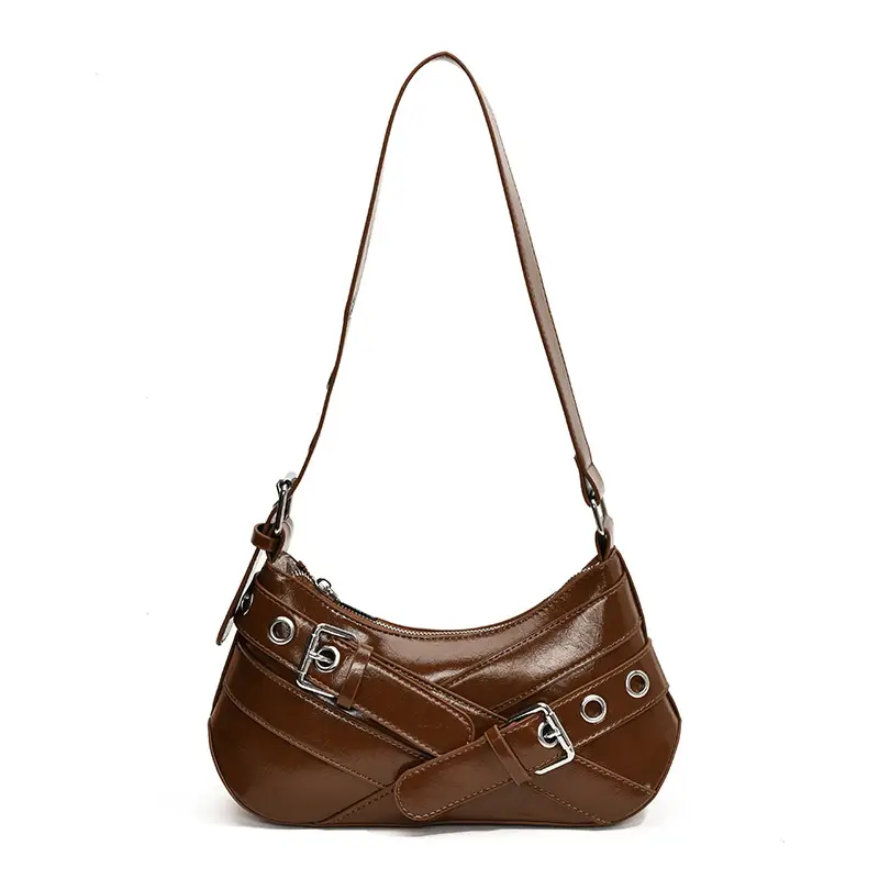 Brown Quilted Shoulder Bag with Buckle & Ring Detail - Image 4