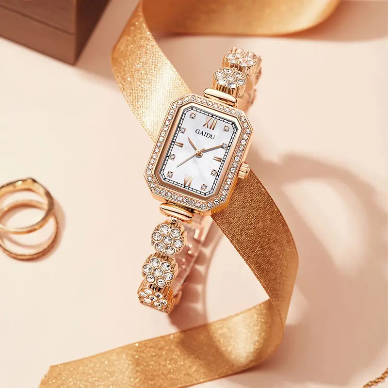 Ladies Square Watch with Full Diamond Bracelet Rose Gold