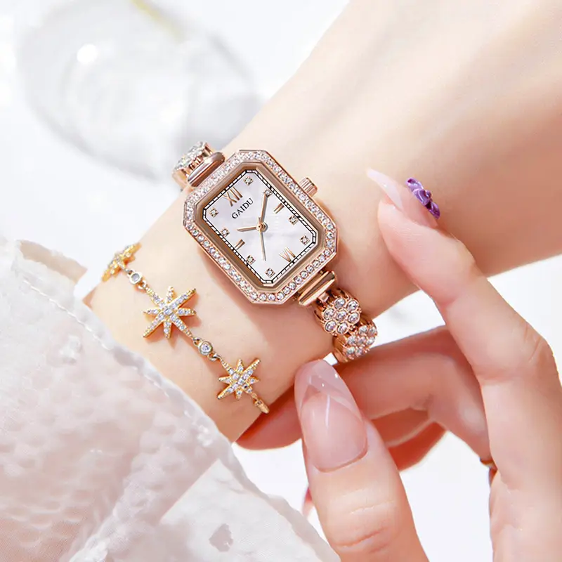 Ladies Square Watch with Full Diamond Bracelet Rose Gold