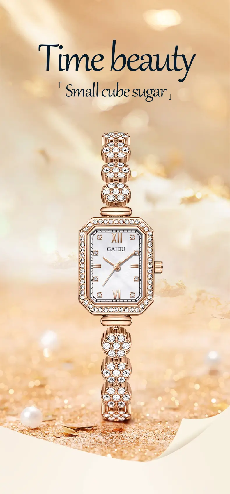 Ladies Square Watch with Full Diamond Bracelet Rose Gold — feature 15
