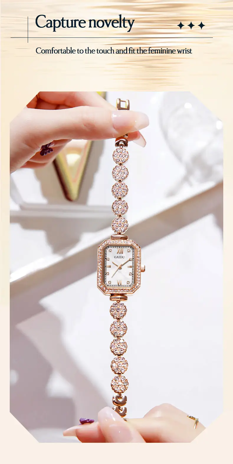 Ladies Square Watch with Full Diamond Bracelet Rose Gold — feature 18
