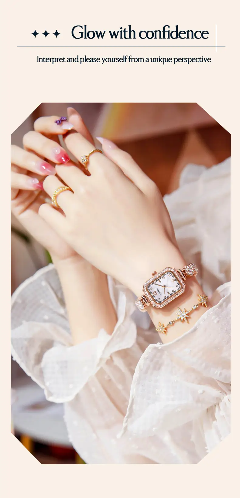 Ladies Square Watch with Full Diamond Bracelet Rose Gold — feature 19