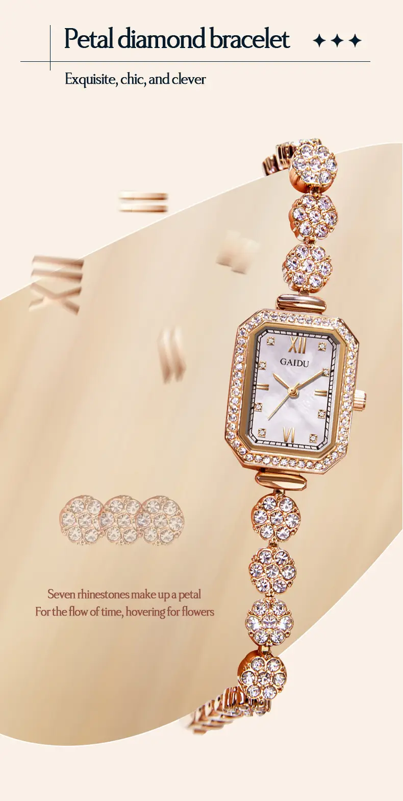 Ladies Square Watch with Full Diamond Bracelet Rose Gold — feature 20
