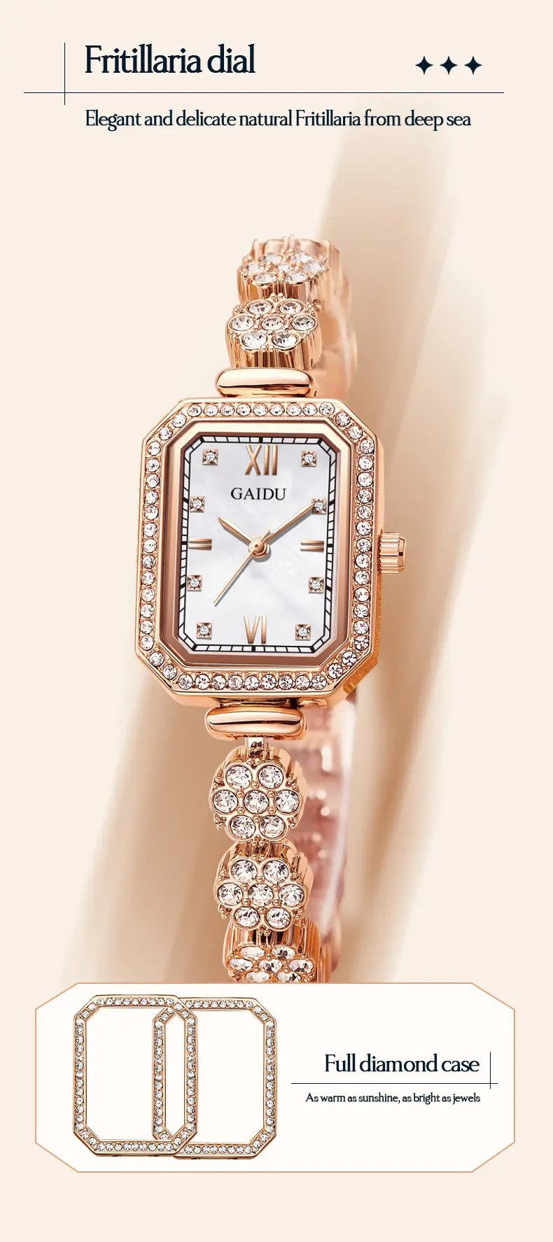 Ladies Square Watch with Full Diamond Bracelet Rose Gold — feature 21