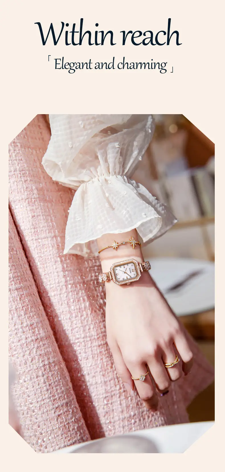 Ladies Square Watch with Full Diamond Bracelet Rose Gold — feature 22