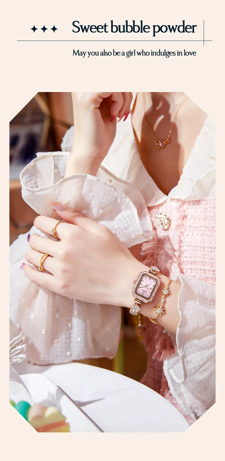 Ladies Square Watch with Full Diamond Bracelet Rose Gold — feature 23
