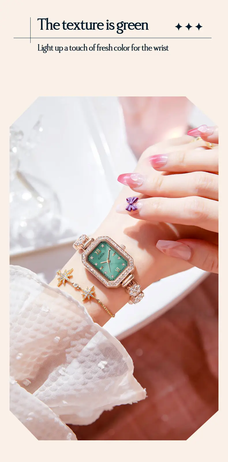 Ladies Square Watch with Full Diamond Bracelet Rose Gold — feature 24