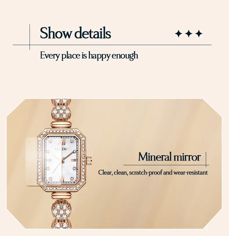 Ladies Square Watch with Full Diamond Bracelet Rose Gold — feature 27