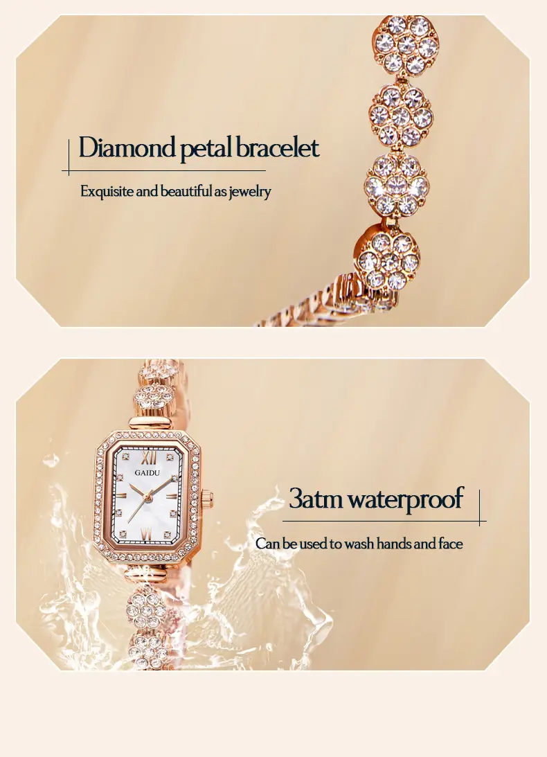 Ladies Square Watch with Full Diamond Bracelet Rose Gold — feature 28