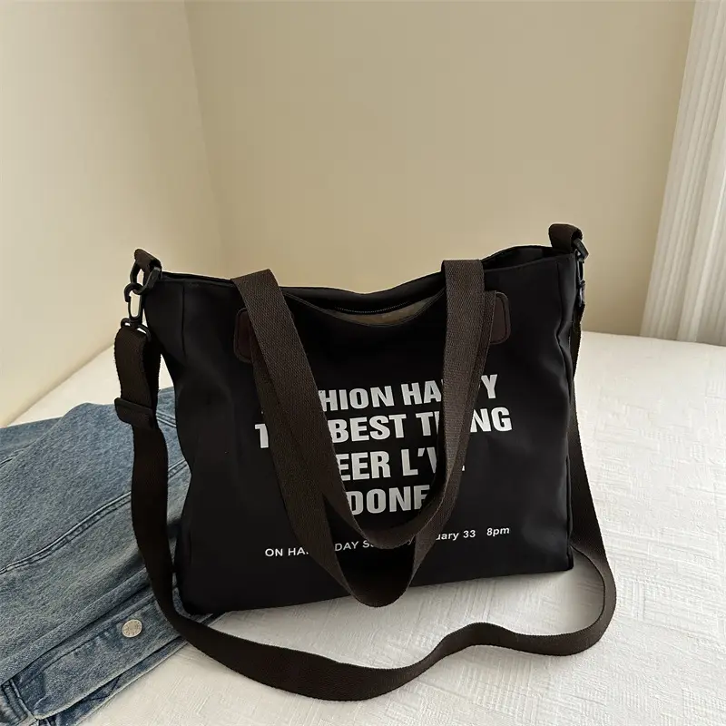Black Printed Canvas Shoulder Bag for Women 2022