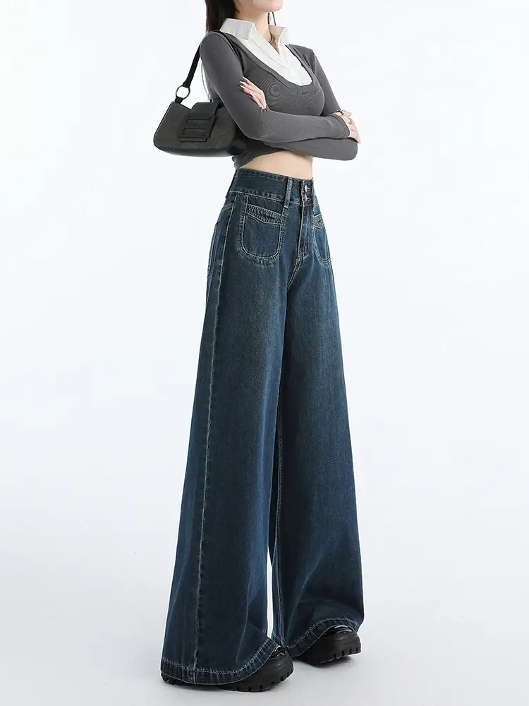 Dark Blue Wide Leg Jeans Women High Waist Slimming 2024