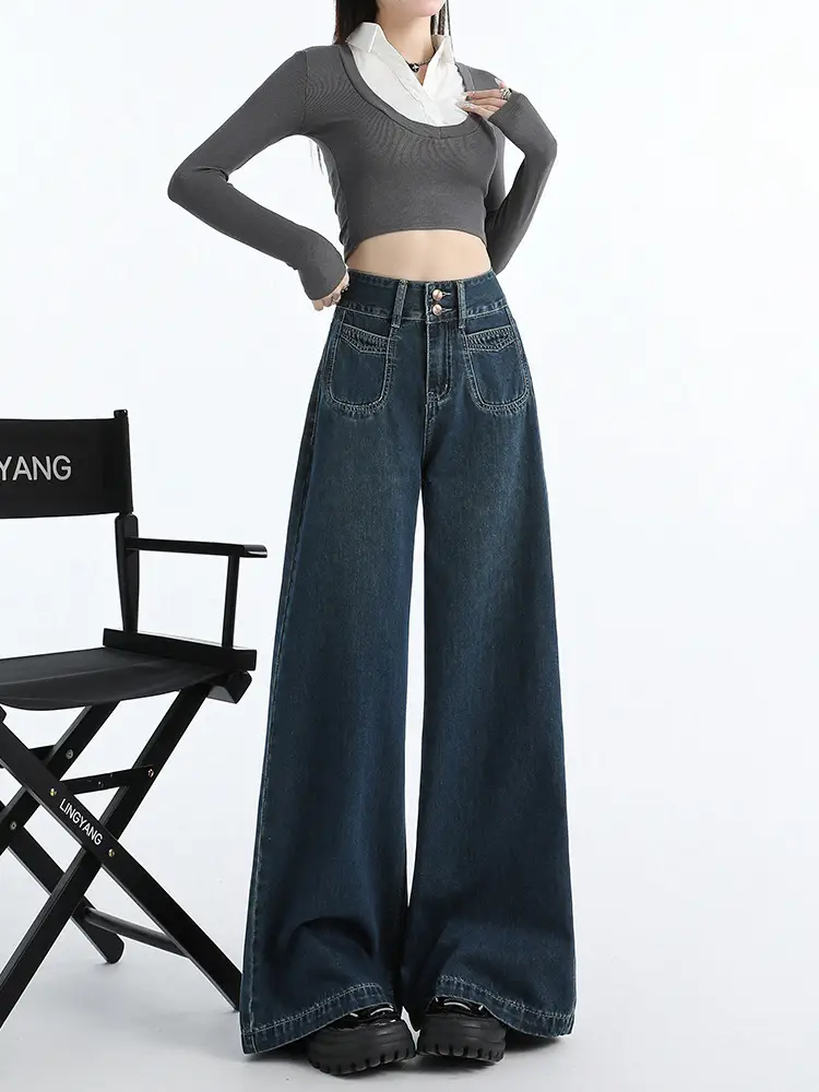 Dark Blue Wide Leg Jeans Women High Waist Slimming 2024