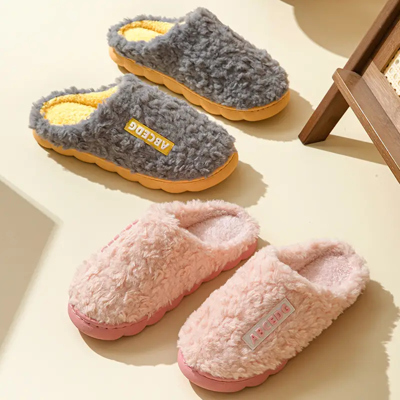 Cotton Slippers for Women, Non-Slip, Plush, Lettered, Thick-Soled, Warm, Home Indoor Slippers for Men, Thickened for Autumn and Winter, Cross-Border