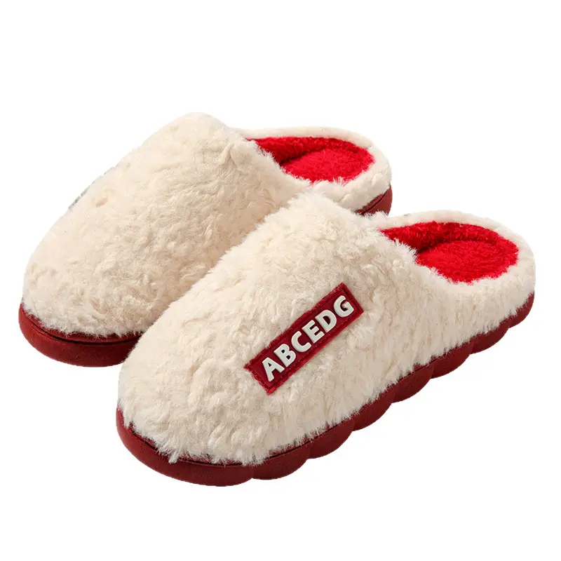 Cotton Slippers for Women, Non-Slip, Plush, Lettered, Thick-Soled, Warm, Home Indoor Slippers for Men, Thickened for Autumn and Winter, Cross-Border