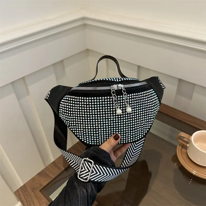 Women's Hot Rhinestone Waist Bag with Wide Strap