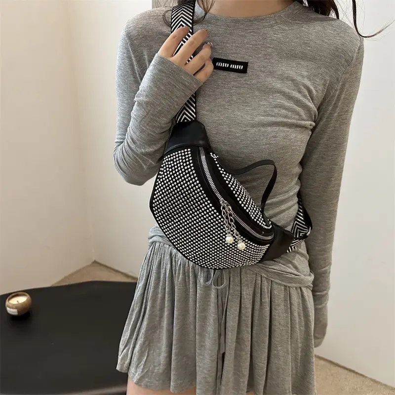 Women's Hot Rhinestone Waist Bag with Wide Strap