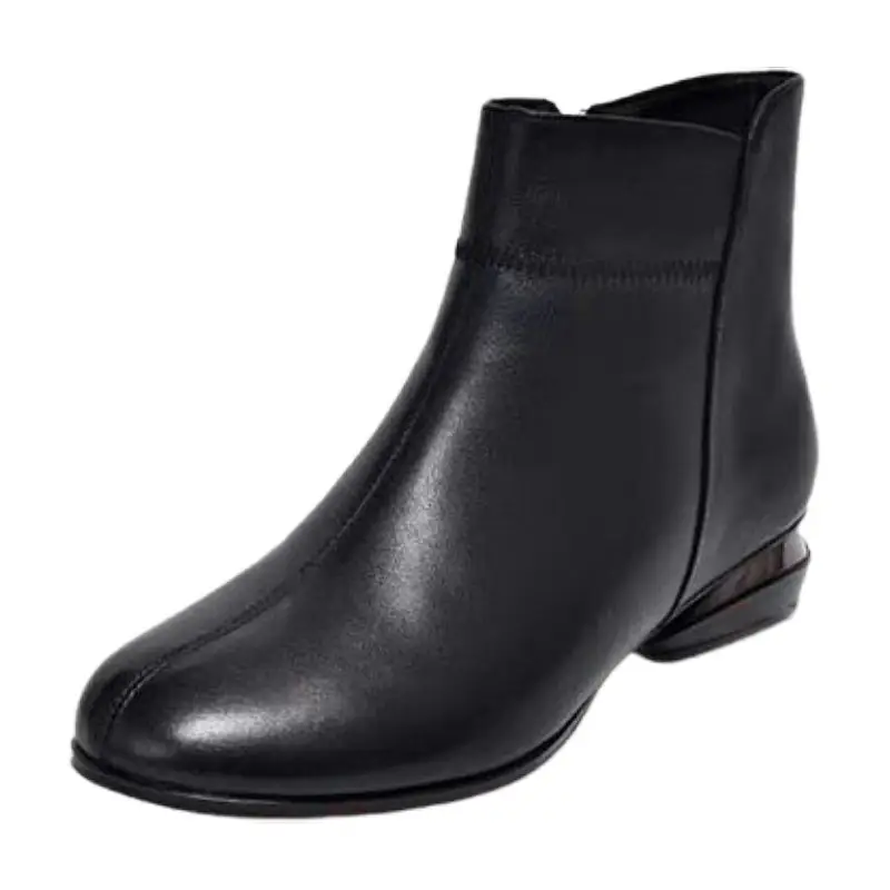 Women's Brown Leather Round Heel Boots with Fleece Lining - Image 7