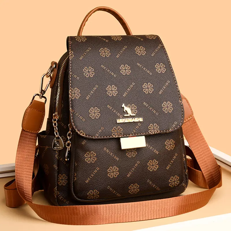 Women Printed Backpack Brown Leather Shoulder Travel School