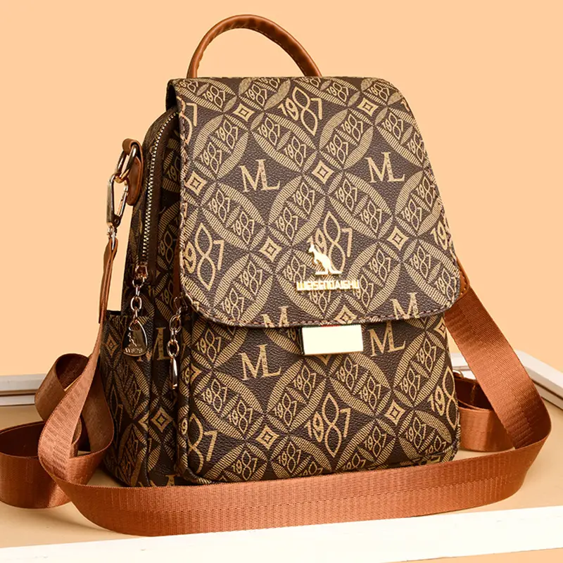 Women Printed Backpack Brown Leather Shoulder Travel School