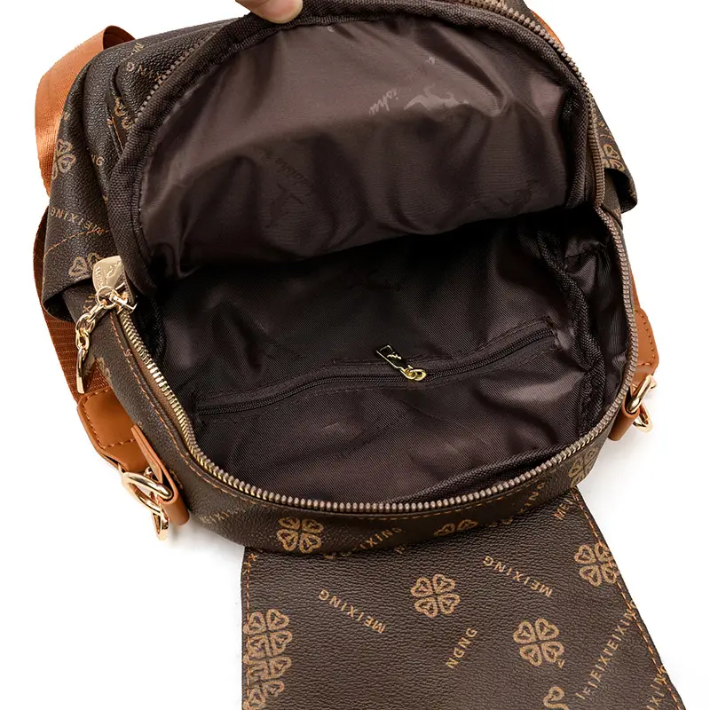 Women Printed Backpack Brown Leather Shoulder Travel School