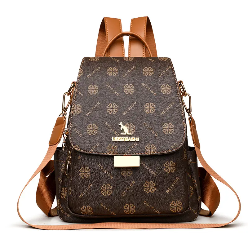 Women Printed Backpack Brown Leather Shoulder Travel School