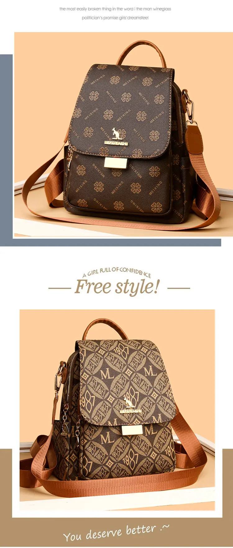 Women Printed Backpack Brown Leather Shoulder Travel School — feature 12