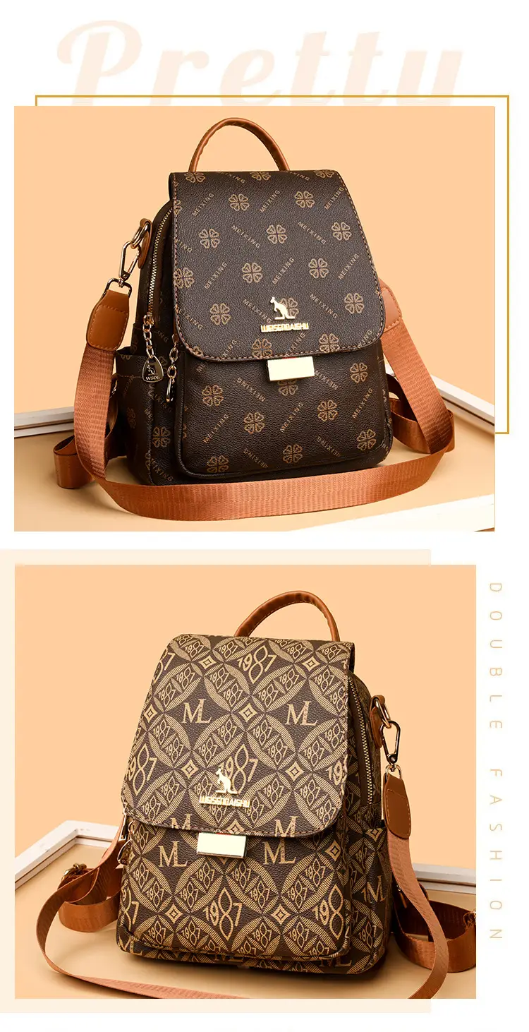 Women Printed Backpack Brown Leather Shoulder Travel School — feature 13