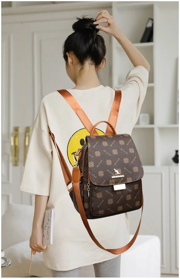 Women Printed Backpack Brown Leather Shoulder Travel School — feature 14