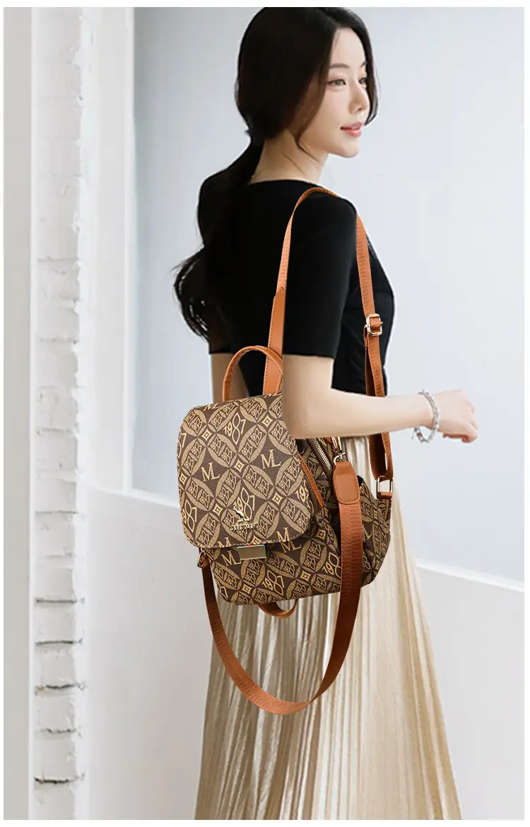 Women Printed Backpack Brown Leather Shoulder Travel School — feature 15