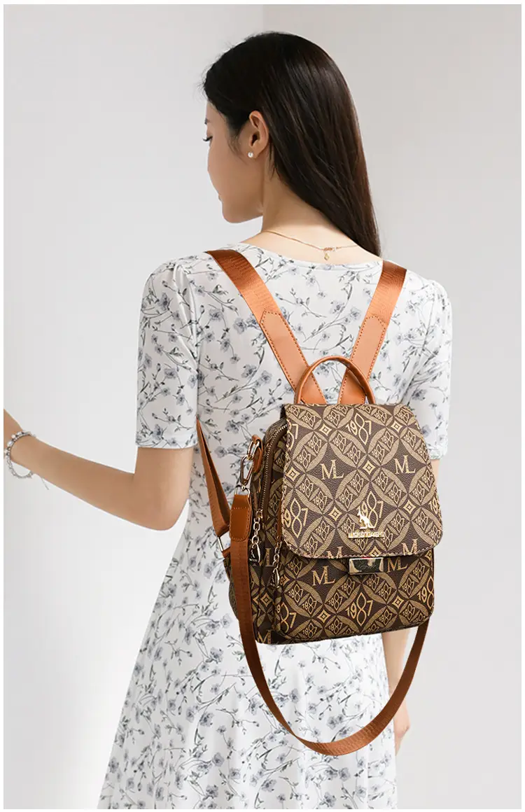 Women Printed Backpack Brown Leather Shoulder Travel School — feature 16
