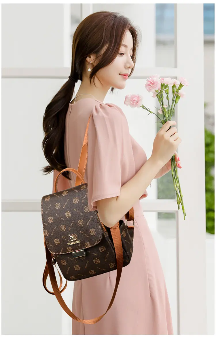 Women Printed Backpack Brown Leather Shoulder Travel School — feature 17